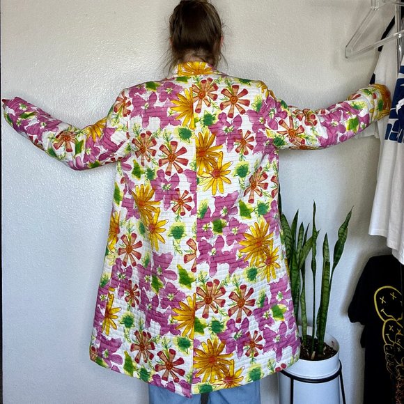 Vintage 90's Pink Yellow Retro Floral Puffer Quilt Jacket Adult Large - Picture 3 of 4